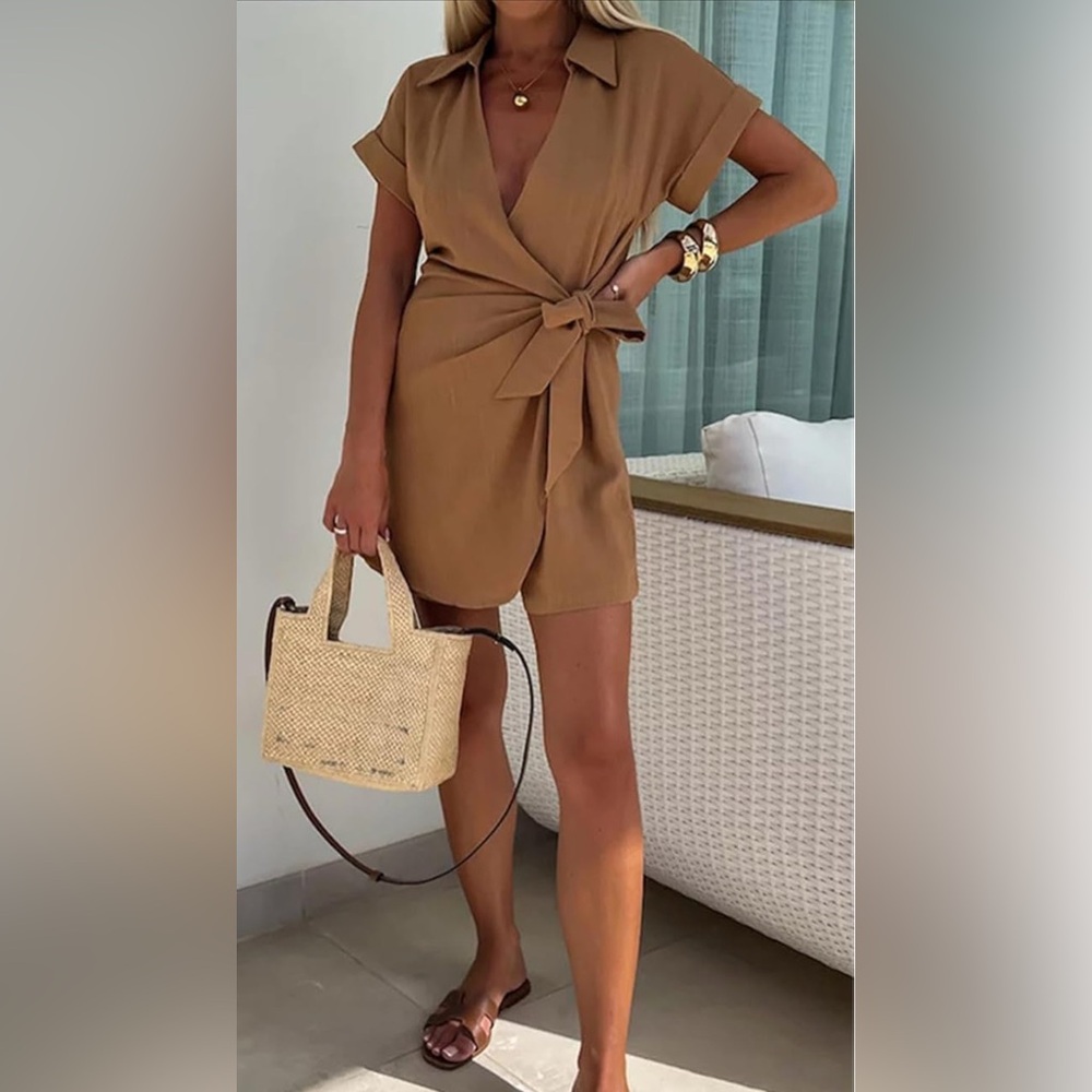 Elegant Tan Wrap Mini Dress